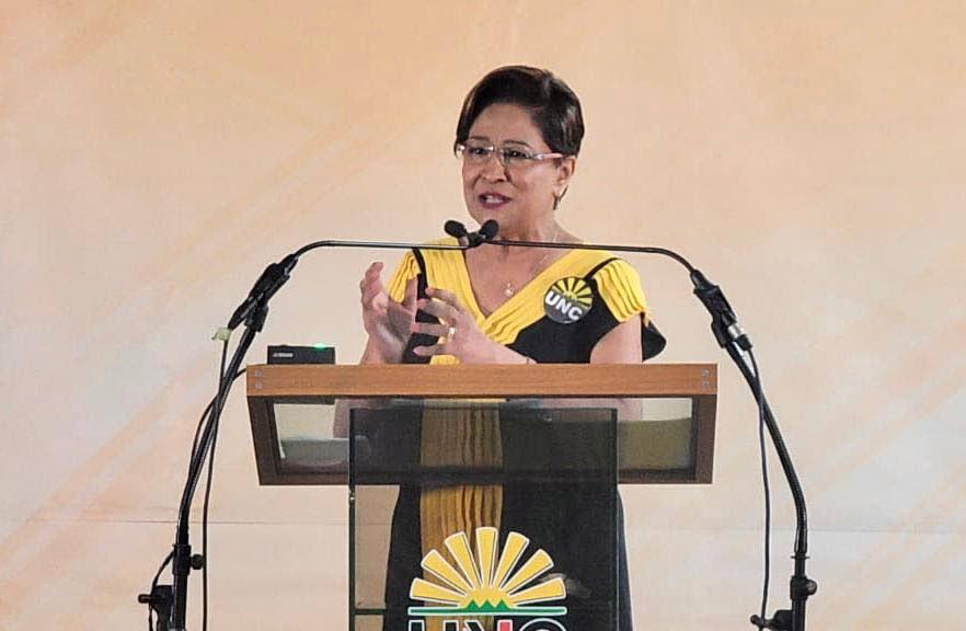 UNC political leader Kamla Persad-Bissessar speaking at a Monday night report. PHOTO COURTESY UNC - 