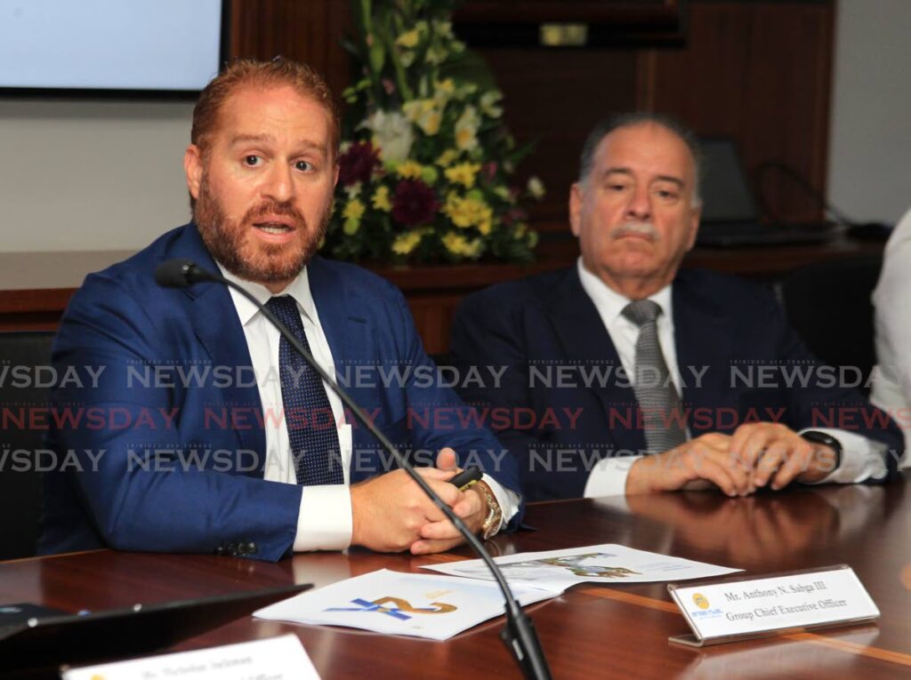 Ansa McAl CEO Anthony Sabga III and chairman A Norman Sabga at the announcement of the 2022 financial results, Tatil, Port of Spain on March 27. On Thursday, the group reported a $160 million profit for the 2023 first quarter ending March 31. - AYANNA KINSALE
