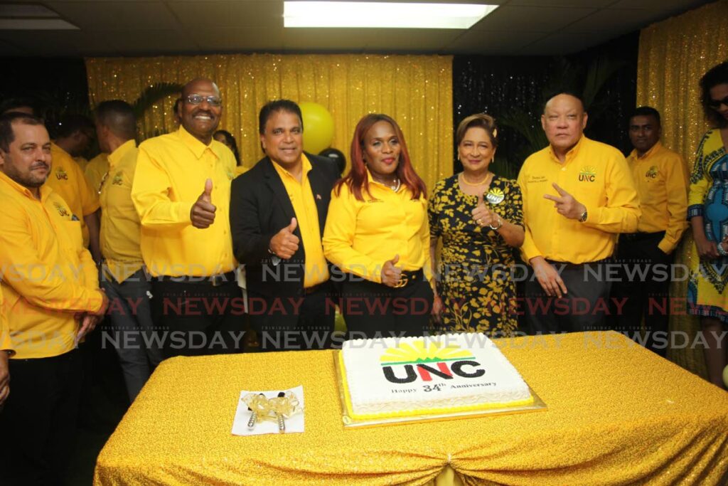 Senator Wade Mark, deputy political leader Roodal Moonilal, deputy political leadrr Jearlean John, political leadr Kamla Persad Bissessar and deputy political leader David Lee celebrates 34 year of the UNC at the opening of the new headquarters in Chaguanas  - Lincoln Holder