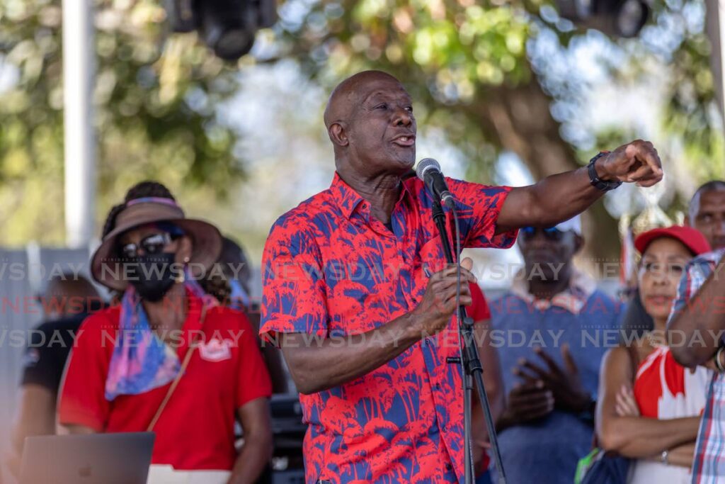 Prime Minister Dr Keith Rowley speaks at a PNM Sports and Family Day a the Toco Secondary School, on Sunday. - 