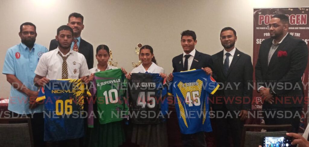 Captains of the  teams in the PowerGen Secondary Schools Intercol T20 finals alongside league officials and sponsors at a press conference on Monday at the Courtyard Marriott, Port of Spain. (From left) Vice-president of the Secondary Schools Cricket League Sharaz Mohammed, from left, Presentation, San Fernando captain Nickyle Jalim, SSCL president Nigel Maraj, Rio Claro West skipper Kiera Superville, Holy Name Convent co-captain Jessica Davis, Fatima captain Joshua Davis, PowerGen general manager Haydn Furlonge and PowerGen's corporate communications officer Francois Ottley. - Jelani Beckles