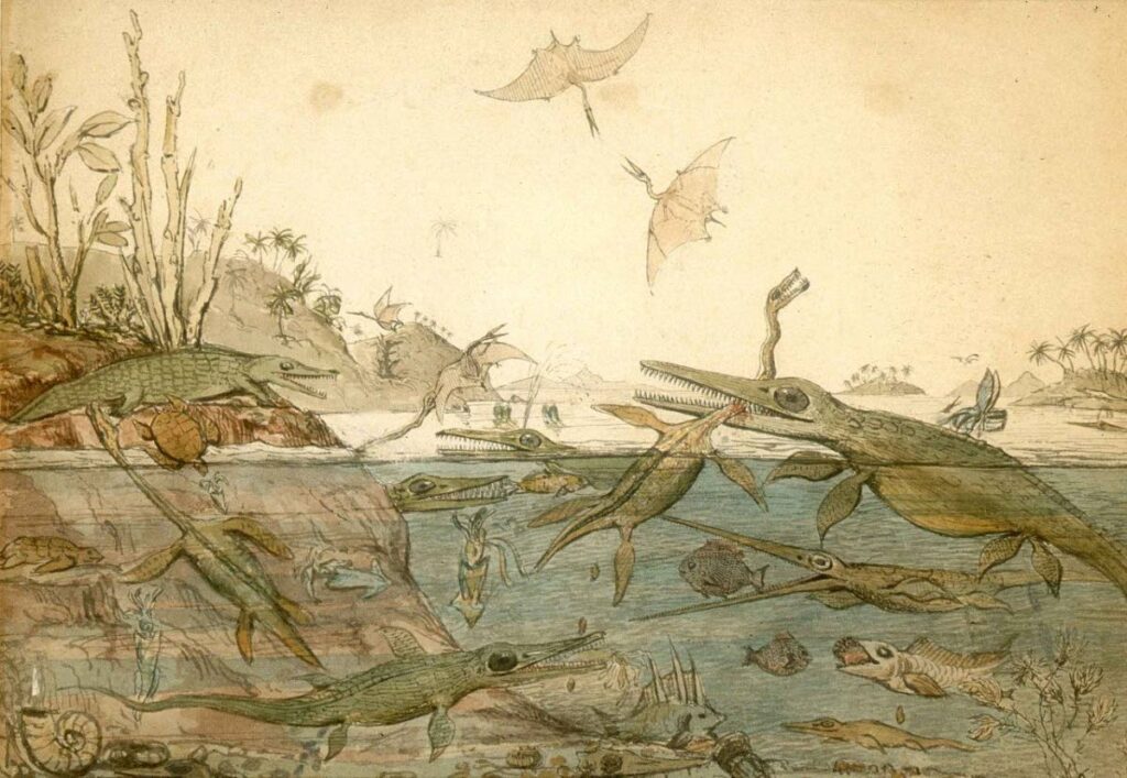 Duria Antiquior (a more ancient Dorset) by Henry de al Beche. A pictorial representation of marine life during the Jurassic period based on the fossils found by geologist Mary Anning. - 