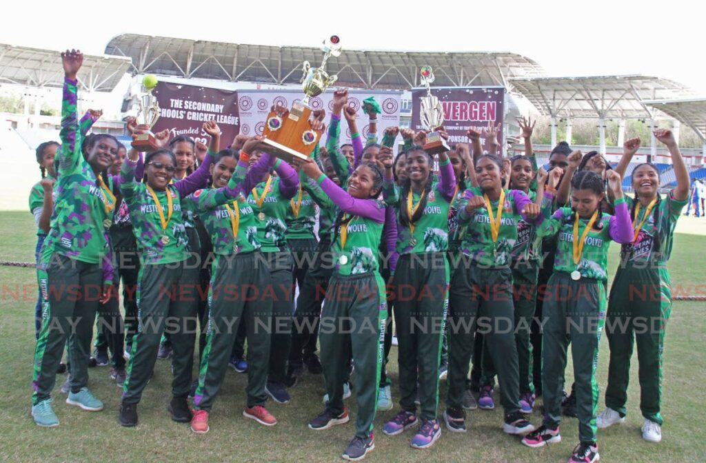 The Rio Claro West Secondary cricket team celebrate winning the Powergen Secondary Schools Cricket League's Girls Intercol T20 final against Holy Name Convent, on Wednesday, at the Brian Lara Cricket Academy, Tarouba.  - 