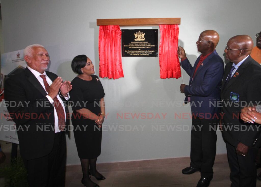 From left: UDECOTT Chairman Noel Garcia, Minister of Sport and Community Development Shamfa Cudjoe, Prime Minister Dr. Keith Rowley and Diego Martin Regional Corporation Chairman Sigler Jack, officially open the Diego Martin North Community Centre, Church Street on Thursday. - PHOTO BY  ANGELO MARCELLE