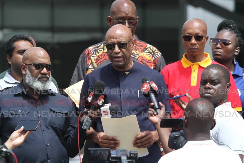 OWTU president general Ancel Roget addresses the media outside the Office of the Attorney General, Port of Spain on May 5. - ANGELO MARCELLE