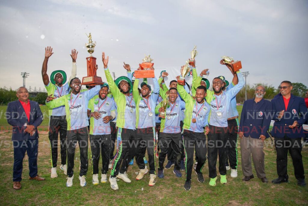 Clarke Road United players jump for joy after beating Queen's Park in the TTCB premiership one 50-over final at the National Cricket Centre, Couva, Saturday. - Daniel Prentice