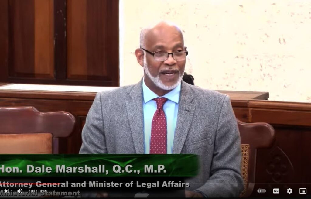 Attorney General of Barbados Dale Marshall is seen in this screen grab from a YouTube video as he made a statement in that country's parliament on Tuesday
