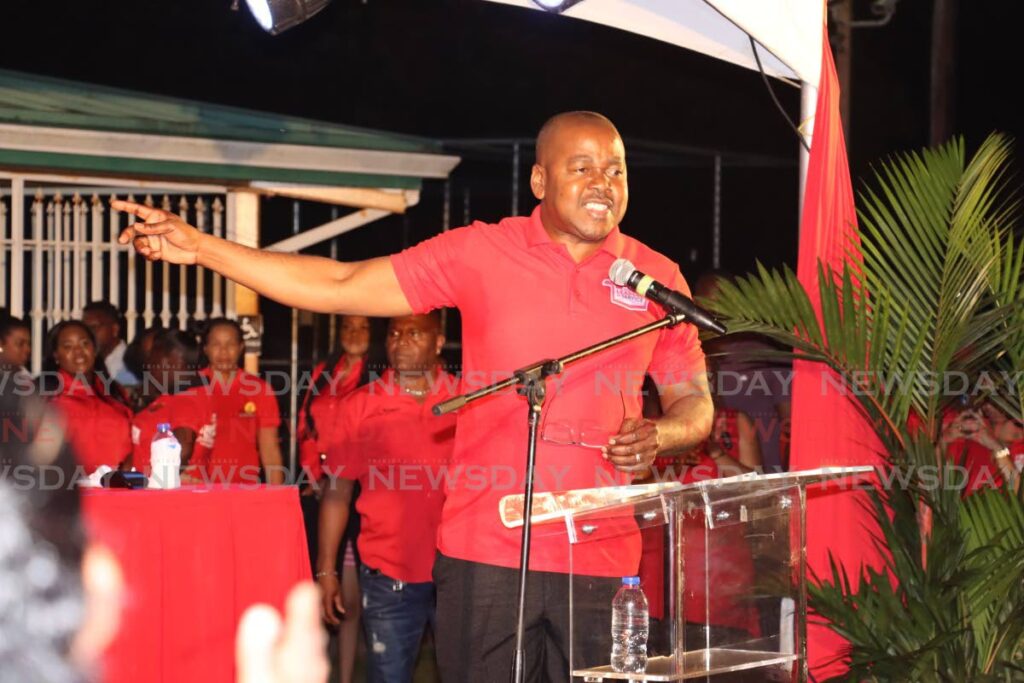 La Horquetta/Talparo MP Foster Cummings speaks at a PNM town meeting Tuesday night at the carpark of his constituency office in La Horquetta. PHOTO BY ROGER JACOB - Roger Jacob 