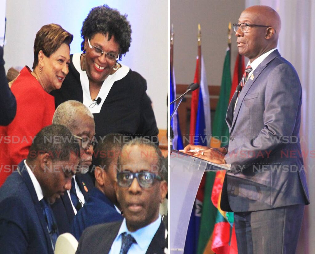 TIT FOR TAT: This composite photo shows at left, Opposition Leader Kamla Persad-Bissessar in jovial talks with Barbados Prime Minister Mia Mottley, and at right, Prime Minister Dr Keith Rowley. Both photos were taken at the crime symposium held last month in Port of Spain. Rowley and Persad-Bissessar are engaged in a tit for tat over the latter's letter to Mottley demanding an inquiry in the Brent Thomas affair. FILE PHOTOS - 