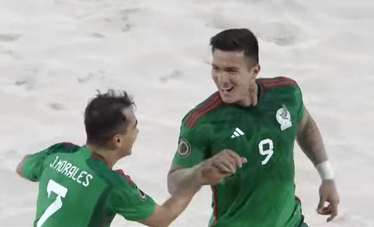Mexico players celebrate the opening goal against Trinidad and Tobago in the Concacaf Beach Soccer Championships in Bahamas on Friday. Photo courtesy Concacaf - 
