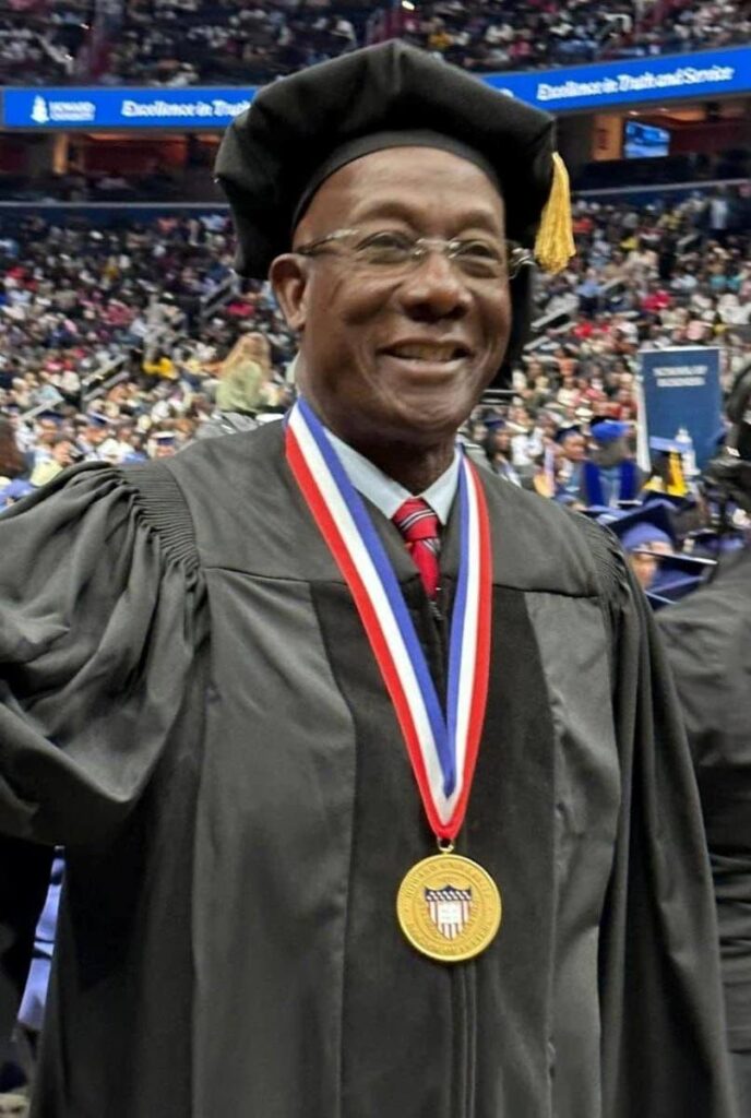 Prime Minister Dr Keith Rowley, in a photo taken by his daughter Sonel Rowley, at Howard University in Washington DC on Saturday where he was conferred with an honorary doctorate for his contribution to politics. - 