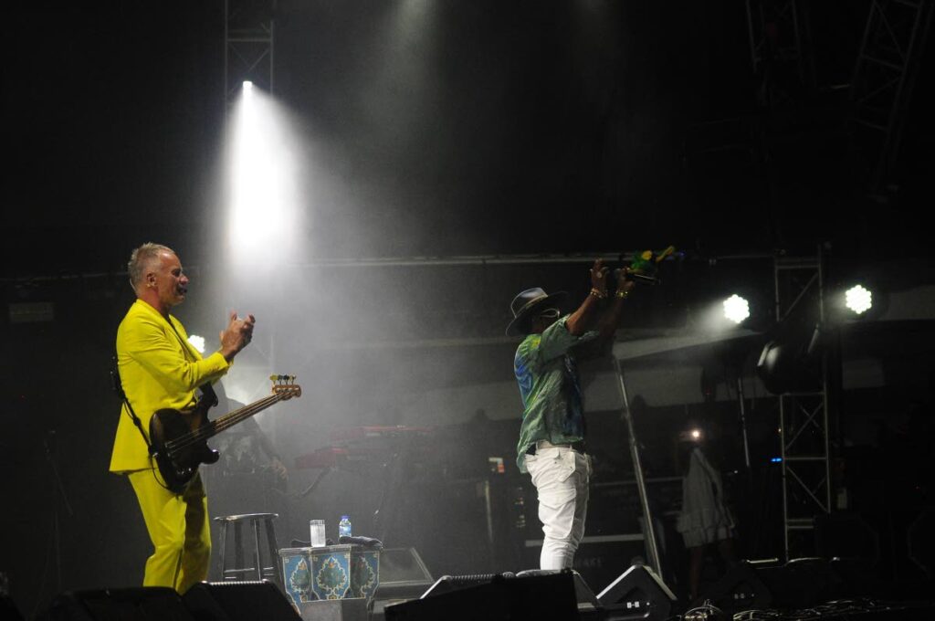 Sting, left, and Shaggy perform at the St Lucia Jazz & Arts Festival on May 14. - Photo courtesy Chimba Unamba of Grey Card Media