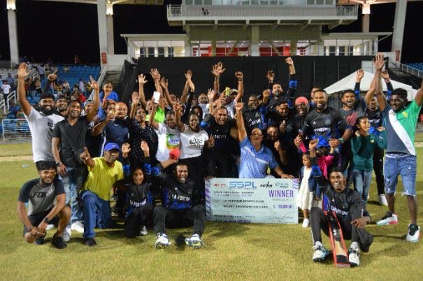 La Fortune Sports Club celebrate winning the 103.1FM & Southern Sports T20 Cricket Fiesta at the Brian Lara Cricket Academy in Tarouba on Friday.  - Courtesy Krishna Bedassie