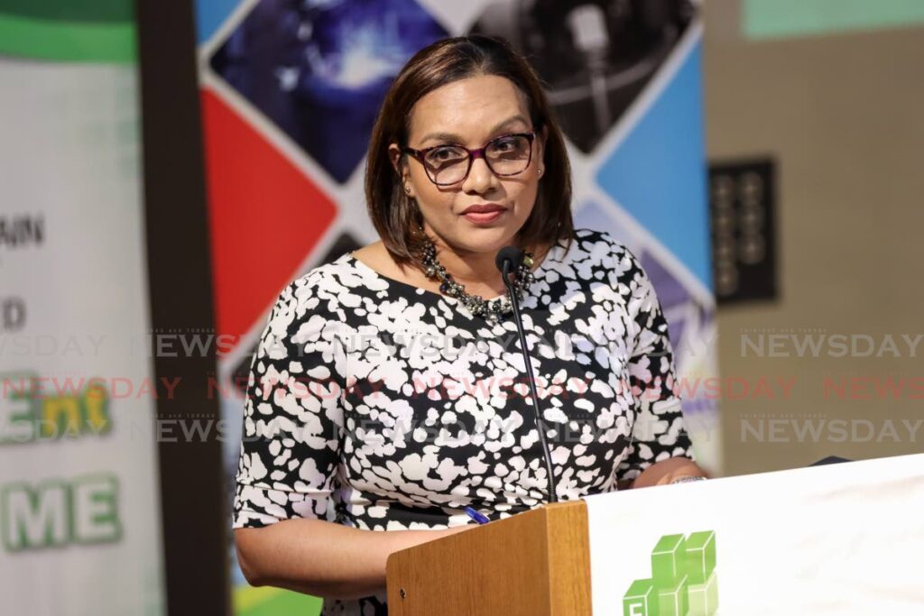 National Energy Skills Centre Techinical Institute (NTI) Dean Indra Ramrooop-Ramkissoon at the East Port of Spain Development Company Limited construction skills training programme launch, Government Plaza Auditorium, Port of Spain on May 17 - Photo by Jeff Mayers