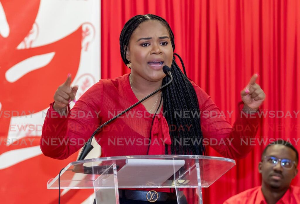 Tobago West MP Shamfa Cudjoe addresses a PNM Tobago Council meeting at Buccoo Community Centre on Sunday. - David Reid