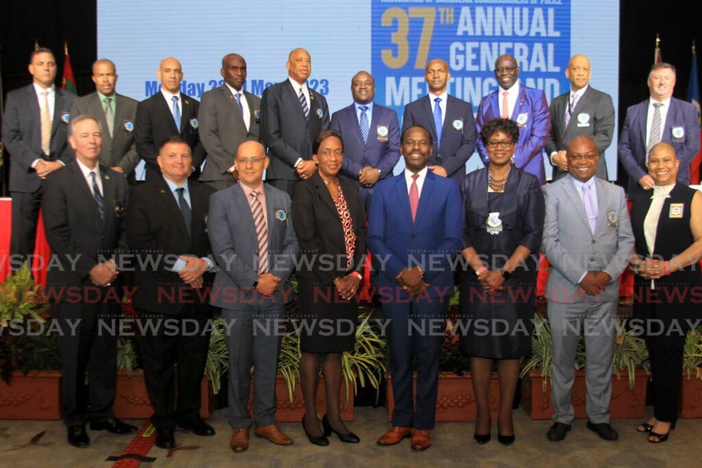 PORTRAIT: National Security Minister Fitzgerald Hinds, front row, 4th from right, with commissioners of police from several Caribbean countries who attended a week-long conference at the Hyatt Regency in Port of Spain. PHOTO BY AYANNA KINSALE - 