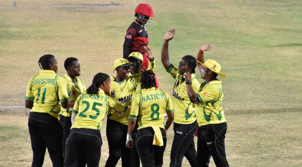 Jamaica celebrates a dismissal during the West Indies Women's T20 Blaze tournament match, on Sunday, at Warner Park, St Kitts. - CWI Media