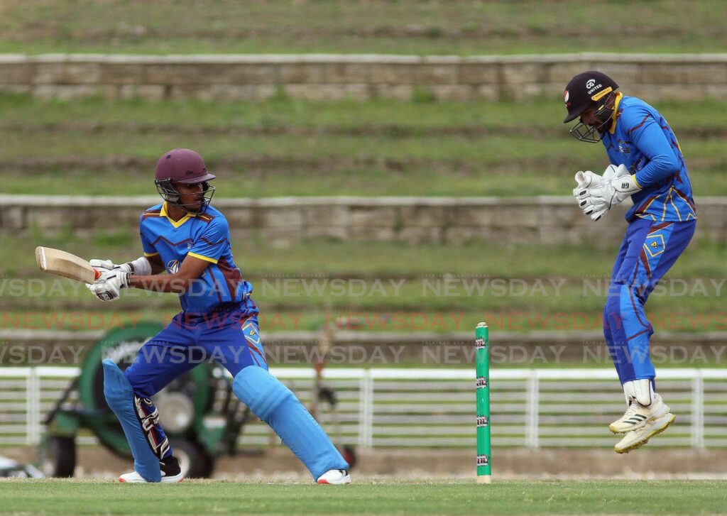 Queen's Park II batsman Rickash Boodram is caught by Queen's Park I wicketkeeper Amir Jangoo during the TTCB T20 Festival match, on Tuesday, at the Brian Lara Cricket Academy, Tarouba.  - Lincoln Holder