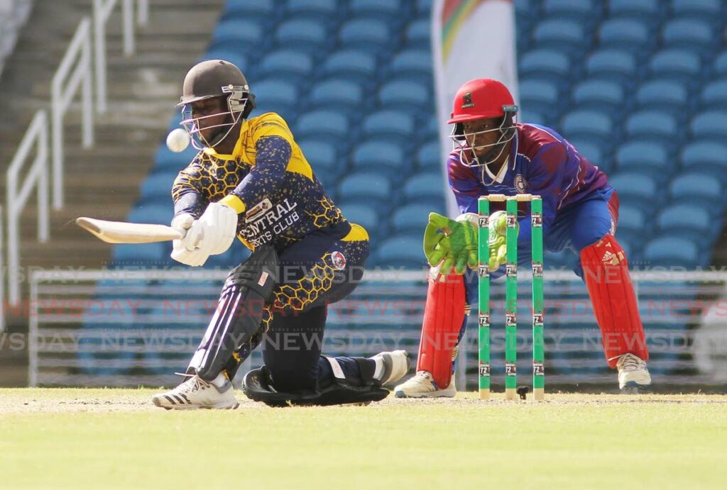 Central Sports batsman Aaron Alfred plays a shot against Powergen Penal Sports club in the TTCB T20 Festival match, at the Brian Lara Cricket Academy, Tarouba, on Wednesday. - Lincoln Holder