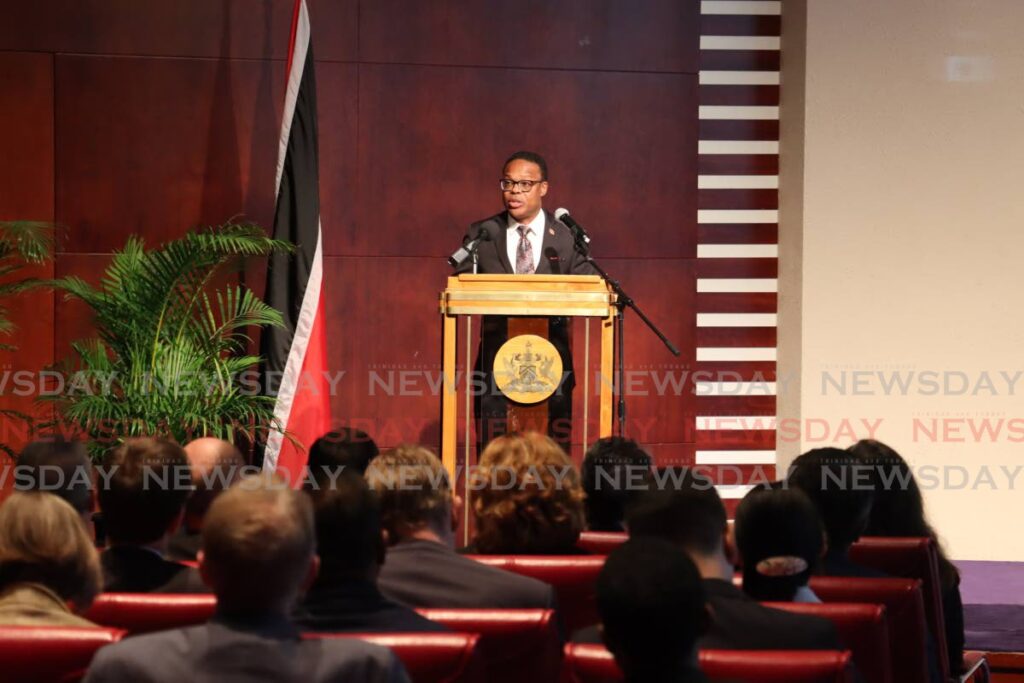 Dr Amery Browne, Minister of Foreign and Caricom Affairs speaks during a meeting with heads of diplomatic missions and honorary consuls resident in TT  to promote the country’s candidature for the upcoming presidency of the 78th session of the UN General Assembly. - Photo by Roger Jacob