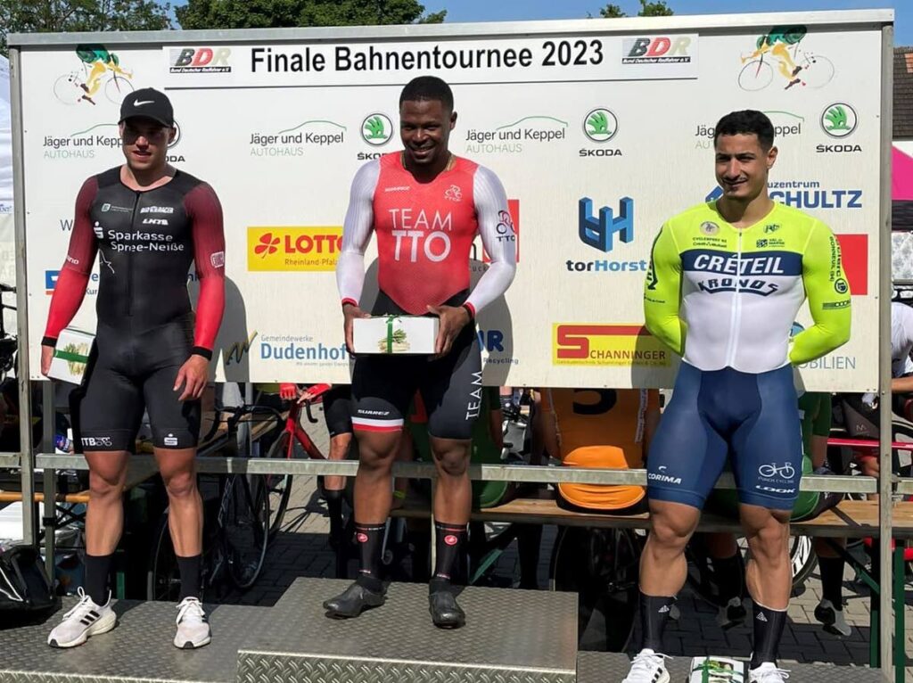 TT cyclist Nicholas Paul atop the podium after winning men's sprint gold in Germany on Monday. At left is German silver medallist Maximilian Dornbach and at right, bronze receiver  Ryan Helal.  - Courtesy Nicholas Paul