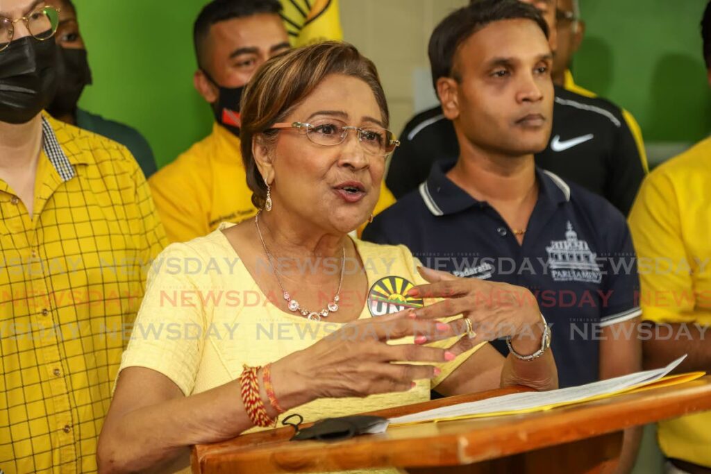 Opposition Leader Kamla Persad-Bissessar with UNC parliamentarians at her Siparia constituency office in Penal in June 2022. - FILE PHOTO/JEFF K MAYERS