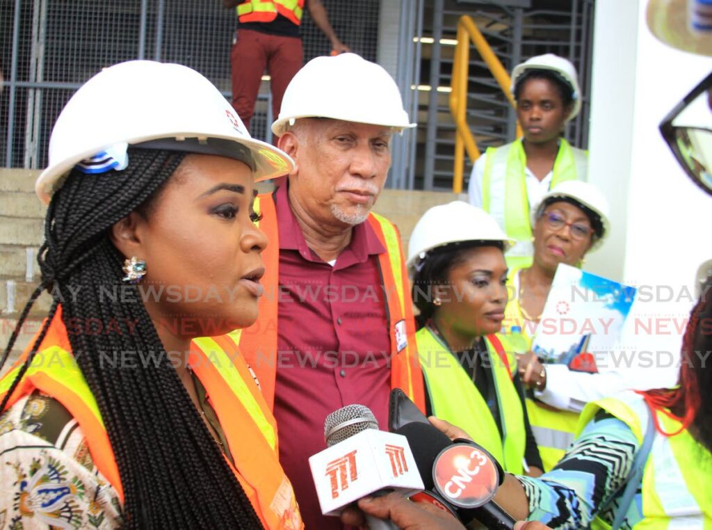 Sport Minister Shamfa Cudjoe addresses the media during a tour of the Hasely Crawford Stadium, Port of Spain, on Friday, alongside Urban Development Corportion of TT (Udecott) chariman Noel Garcia and Udecott officials  - Photo by Ayanna Kinsale