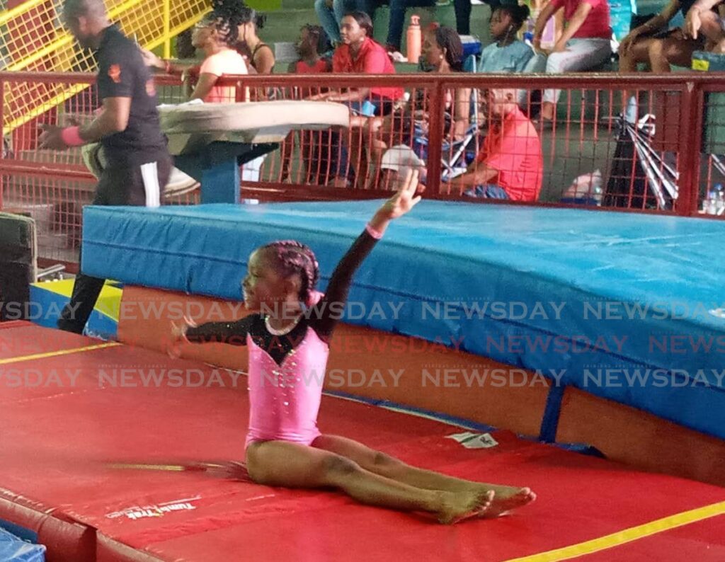 Zariah Thornhill from Lee's Gymnastics Club competes on Sunday at the National Gymnastics Invitational Championships, at Woobrook Youth Facility, Port of Spain.  - Photo by Jelani Beckles