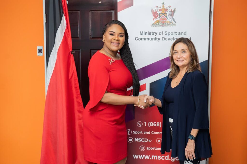 Minister of Sport and Community Development Shamfa Cudjoe (L) and the CPL's Head of Branding and Hospitality Natalie Black-O'Connor celebrate the Women's CPL final coming to Trinidad on September 10.  - via CPL T20