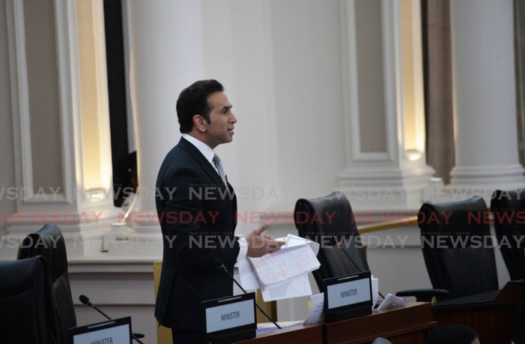 Minister of Rural Development and Local Government, Faris Al-Rawi, presents the Miscellaneous Provisions ( Establishment of the Brough of Diego Martin and Brough of Siparia) Bill in the Senate at the Red House, Abercromby Street, Port of Spain on Tuesday. - Anisto Alves