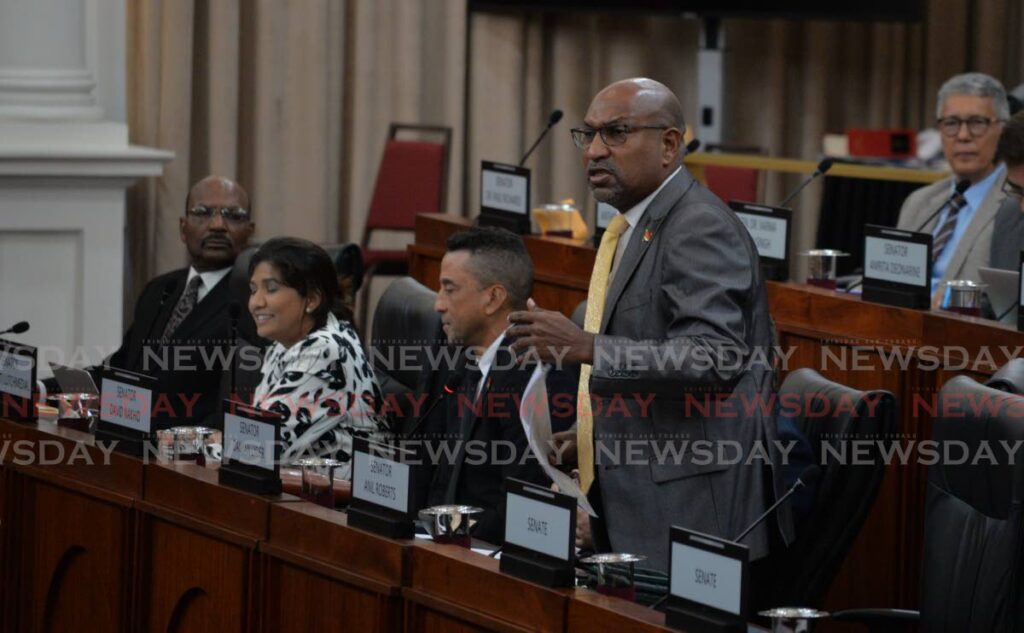 Opposition Senator, Anil Roberts, contributes to debate nf the Miscellaneous Provisions (Establishment of the Brough of Diego Martin and Brough of Siparia) Bill in the Senate on Tuesday. - Anisto Alves