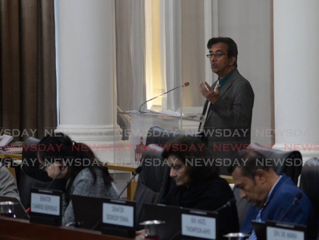 Independent Senator Dr Varma Deyalsingh contributes to debate on the Miscellaneous Provisions (Establishment of the Brough of Diego Martin and Brough of Siparia) Bill in the Senate at the Red House, Abercromby Street, Port of Spain, on Tuesday. - Anisto Alves