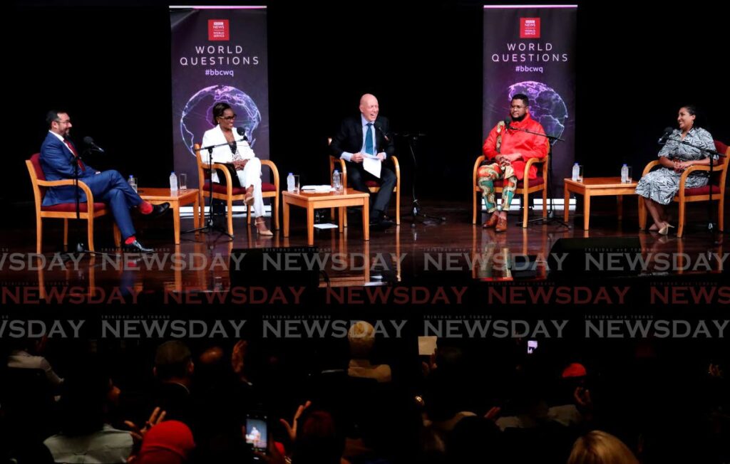 Energy Minister Stuart Young, from left, UWI economist Marlene Attz, BBC royal correspondent Jonny Dymond, Heroes Foundation CEO Lawrence Arjoon and Tabaquite MP Anita Haynes at the BBC World Questions TT forum at the Central Bank Auditorium on Wednesday.  - ROGER JACOB