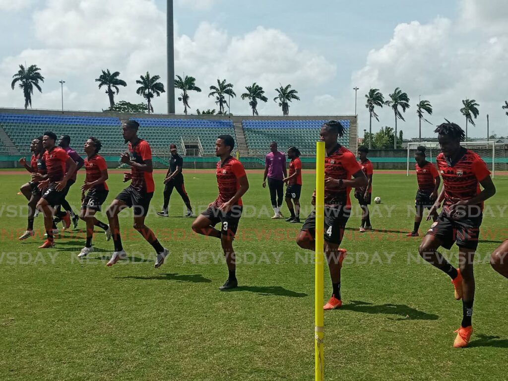 Soca Warriors players train at Manny Ramjohn Stadium in Marabella on Thursday. - Jelani Beckles