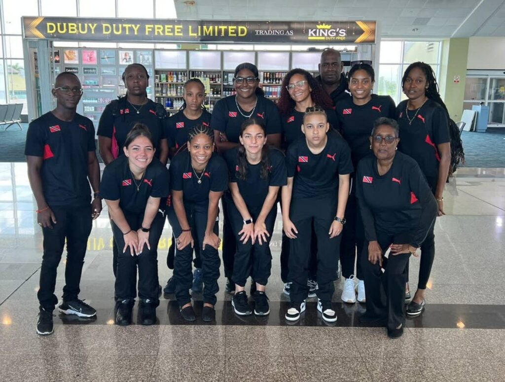 TT women's hockey players take a photo at Piarco International Airport before leaving for the Hockey 5s Pan American Cup in Kingston, Jamaica. - courtesy TT Hockey Board