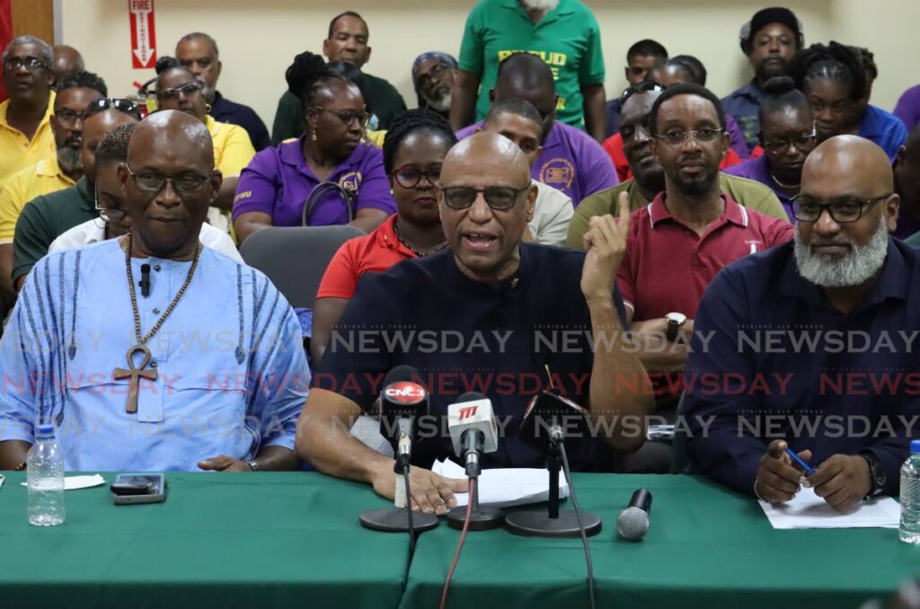  centre, Ancel Roget, president general of OWTU, alongside his trade union colleagues,
JITUM media conference, held at the offices of BIGWU Bankers Insurance and General Workers Union in Barataria. - Photo by Roger Jacob