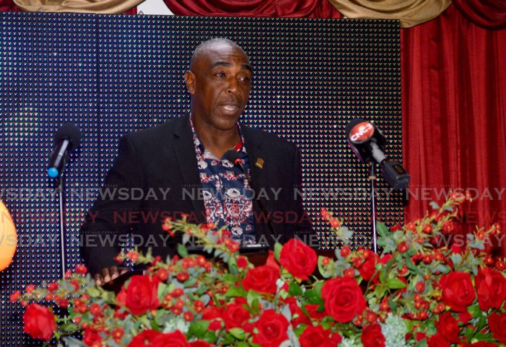 Wane Clarke, of the Tobago House of Assembly, speaks during the funeral for TT boxing her Claude Noel at the K Allen and Sons Funeral Chapel, Boardway, Arima on Saturday. - Anisto Alves