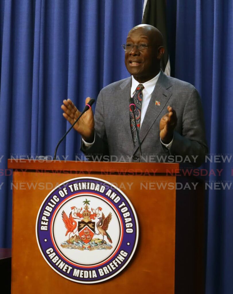 Prime Minister Dr Keith Rowley addresses the media on several matters including the appointment of a chief administrator for Tobago at the Diplomatic Centre, St Ann's on Monday. - Photo by Roger Jacob