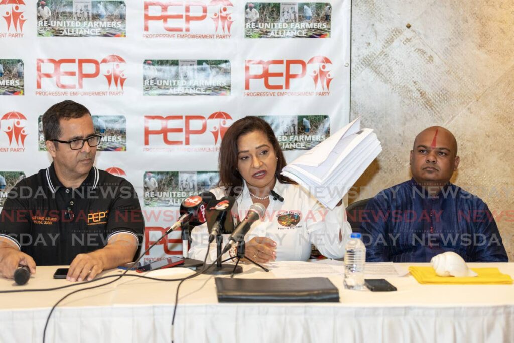 From left: PEP political leader Phillip Edward Alexander, leader of the United Farmers Alliance Davica Thomas and pundit Donny Samlal at a media conference at Movie Towne, Port of Spain, on Wednesday. - Jeff K. Mayers