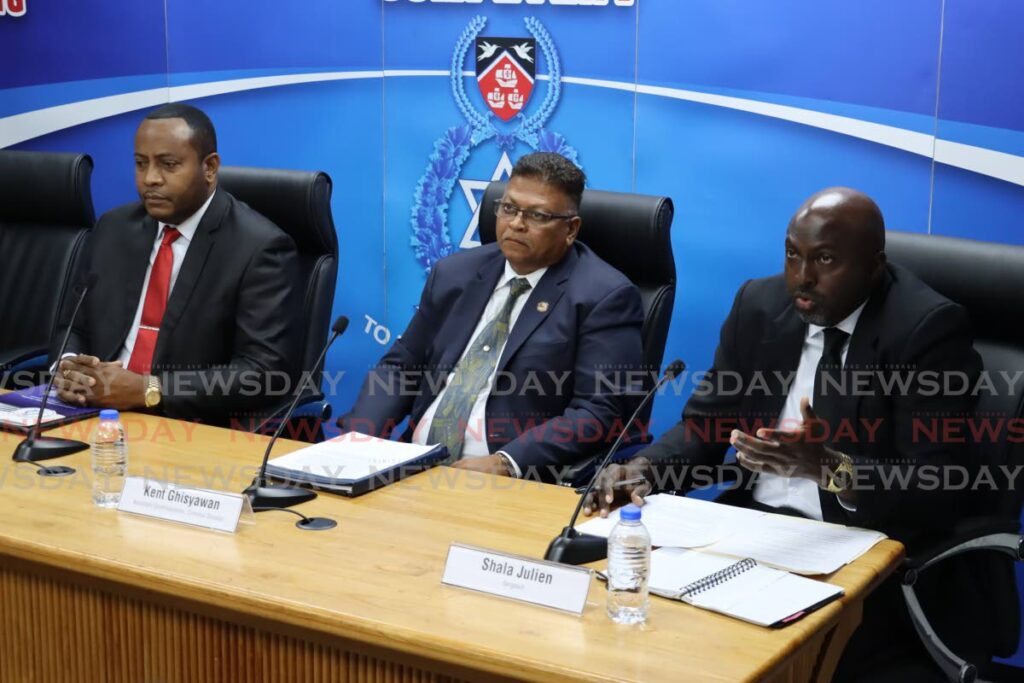 From left: Insp Lloyd Lazarus, ACP Kent Ghisyawan and Sgt Shala Julien at a police media briefing at the Police Administration Building, Port of Spain, on Thursday. - ROGER JACOB 