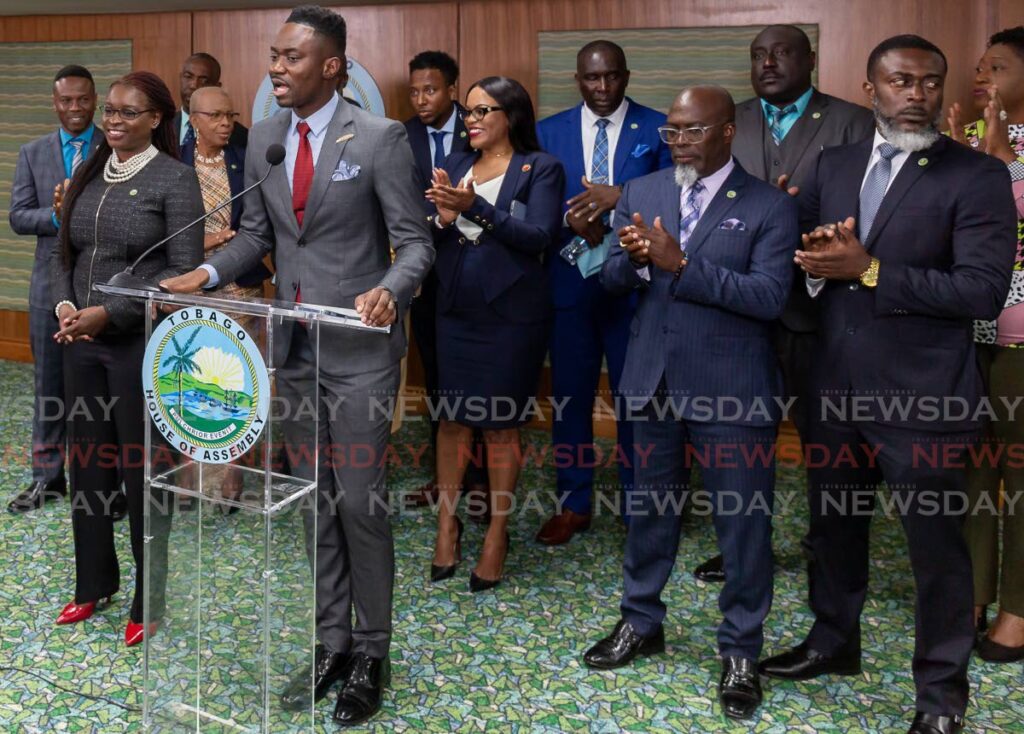 Chief Secretary Farley Augustine, front right, and Deputy Chief Secretary Dr Faith BYisrael, front left, with other assemblymen on at a special sitting of the assembly to replace Watson Duke as deputy chief secretary on September 19, 2022. - 