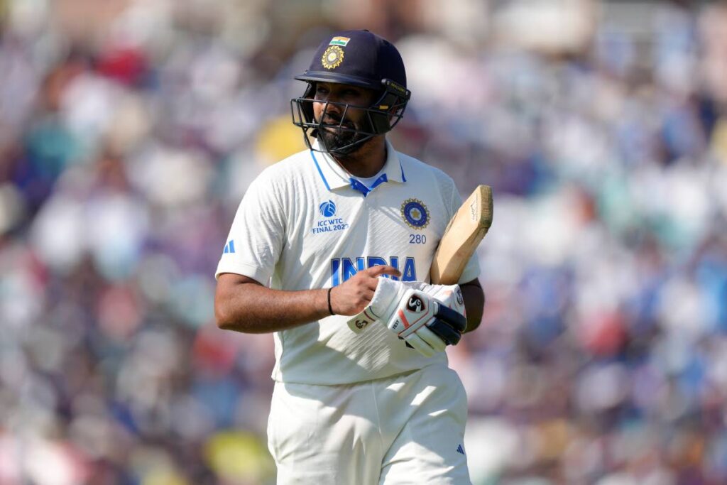 India's Rohit Sharma reacts after being given out lbw off the bowling of Australia's Nathan Lyon during the ICC World Test Championship Final at The Oval cricket ground in London, June 10. - AP