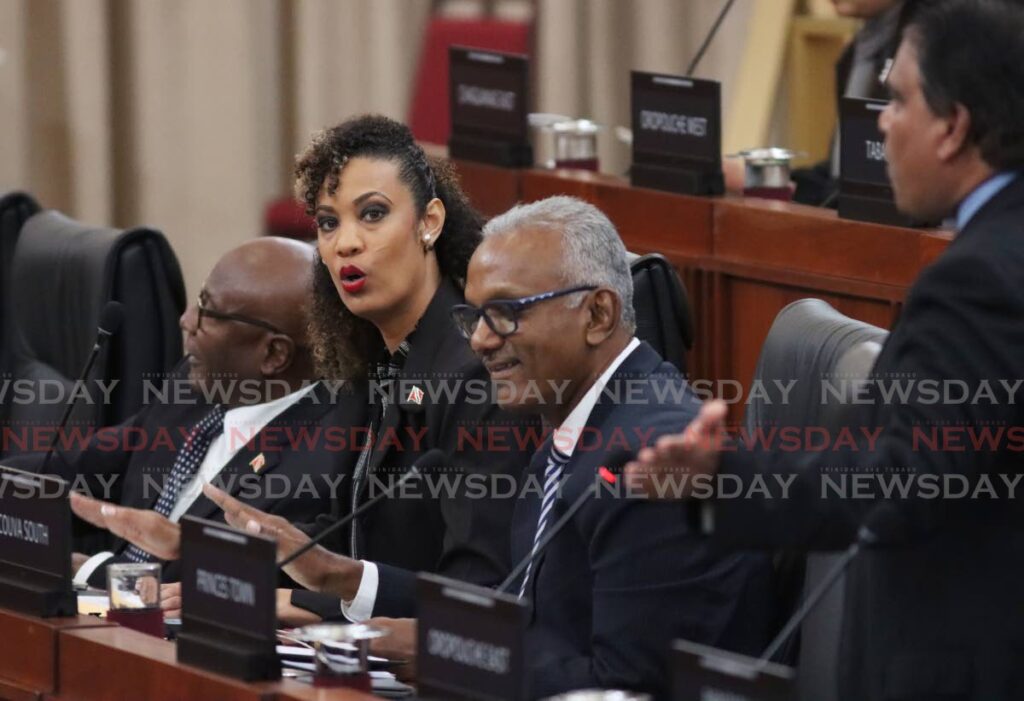From left, Naparima MP Rodney Charles, St Augustine MP Khadijah Amee, Couva South MP Rudranath Indarsingh and Oropouche East MP Dr Roodal Moonilal during debate in Parliament. - Angelo Marcelle