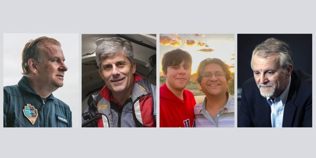 This composite photo shows from left, Hamish Harding, Stockton Rush, Suleman Dawood, Shahzada Dawood, and Paul-Henry Nargeolet who went missing in the Atlantic Ocean. US Coast Guard said the submersible imploded near the wreckage of the Titanic, killing all five people on board. Source: nbcnews.com - 