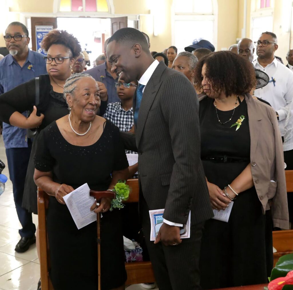 The widow of Dr Jefferson Davidson, Barbara Davidson chats with THA Chief Secretary Farley Augustine after the funeral at Ebenezer Methodist Church in Roxborough on Friday.  - THA photo