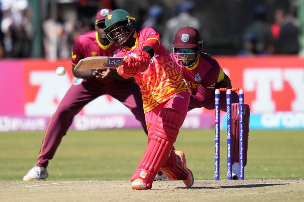 Zimbabwean batsman Wesley Madhevere in action during their ICC Men's Cricket World Cup Qualifier match against West Indies at Harare Sports Club in Harare, Zimbabwe, on Saturday.