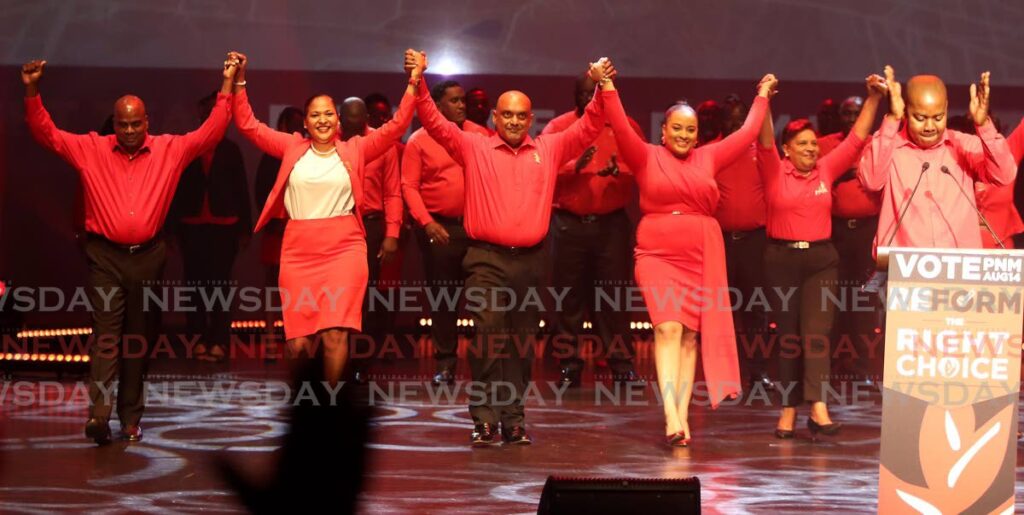 Local governement election candidates for Arima, Sheldon “Fish” Garcia, Kim Garcia, Dave Maharaj,  Jeneice Scott and Linette Ramcharan are presented at a special PNM convention at NAPA, Port of Spain, on Sunday. Also in picture is La Horquetta/Talparo MP Foster Cummings. - Angelo Marcelle