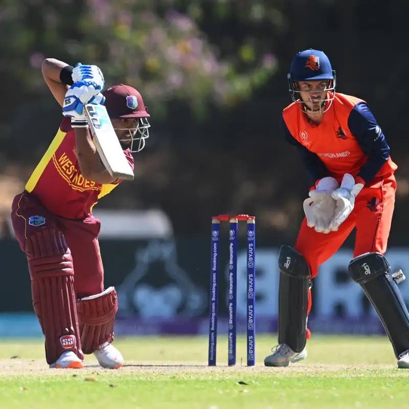 West Indies batsman Nicholas Pooran plays a shot against The Netherlands during the ICC World Cup Qualifier match, on Monday, at the Takashinga Sports Club, in Harare, Zimbabwe.  - ICC