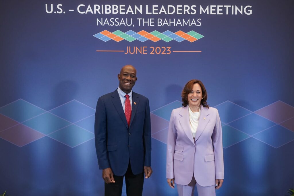 MEETING: Prime Minister Dr Keith Rowley with US Vice President Kamala Harris on Thursday at the US-Caribbean Leaders meeting in Nassau, The Bahamas.