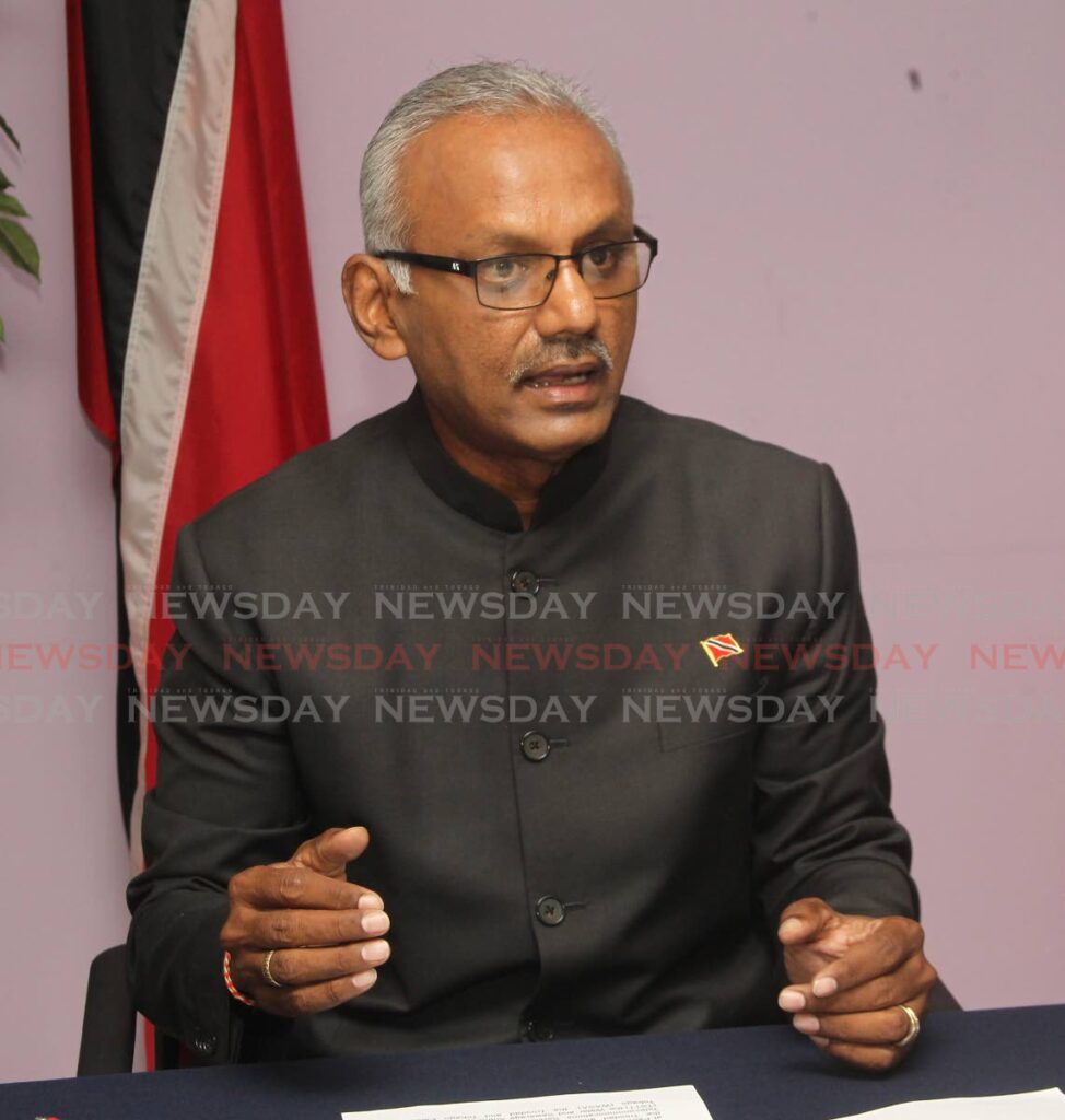 Couva South MP, Mr. Rudranath Indarsingh, speaks at the UNC's weekly press briefing at the Leader of The Opposition Office, Port of Spain on Sunday. - Photo by Angelo Marcelle